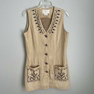 Vintage Deborah Laws Beige Linen Embellished Embroidered Sleeveless Top